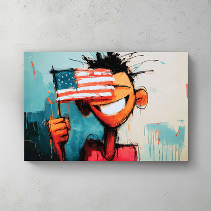 graffiti-style cartoon figure holding American flag with bold smile and abstract background