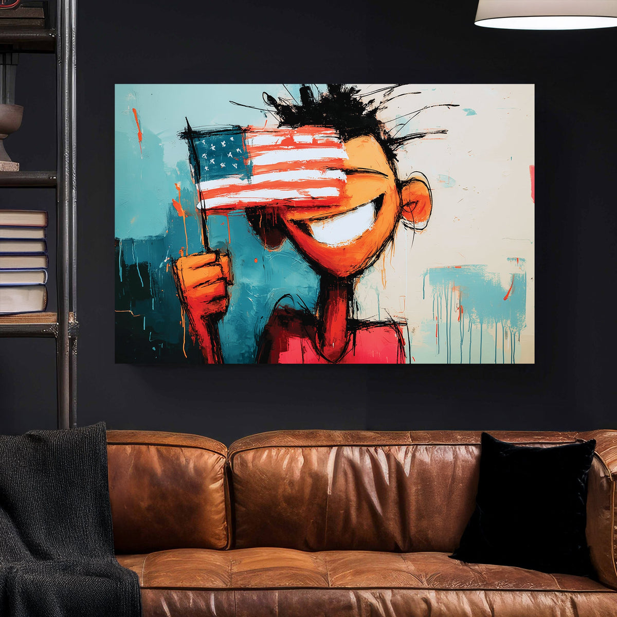 graffiti-style cartoon figure holding American flag with bold smile and abstract background