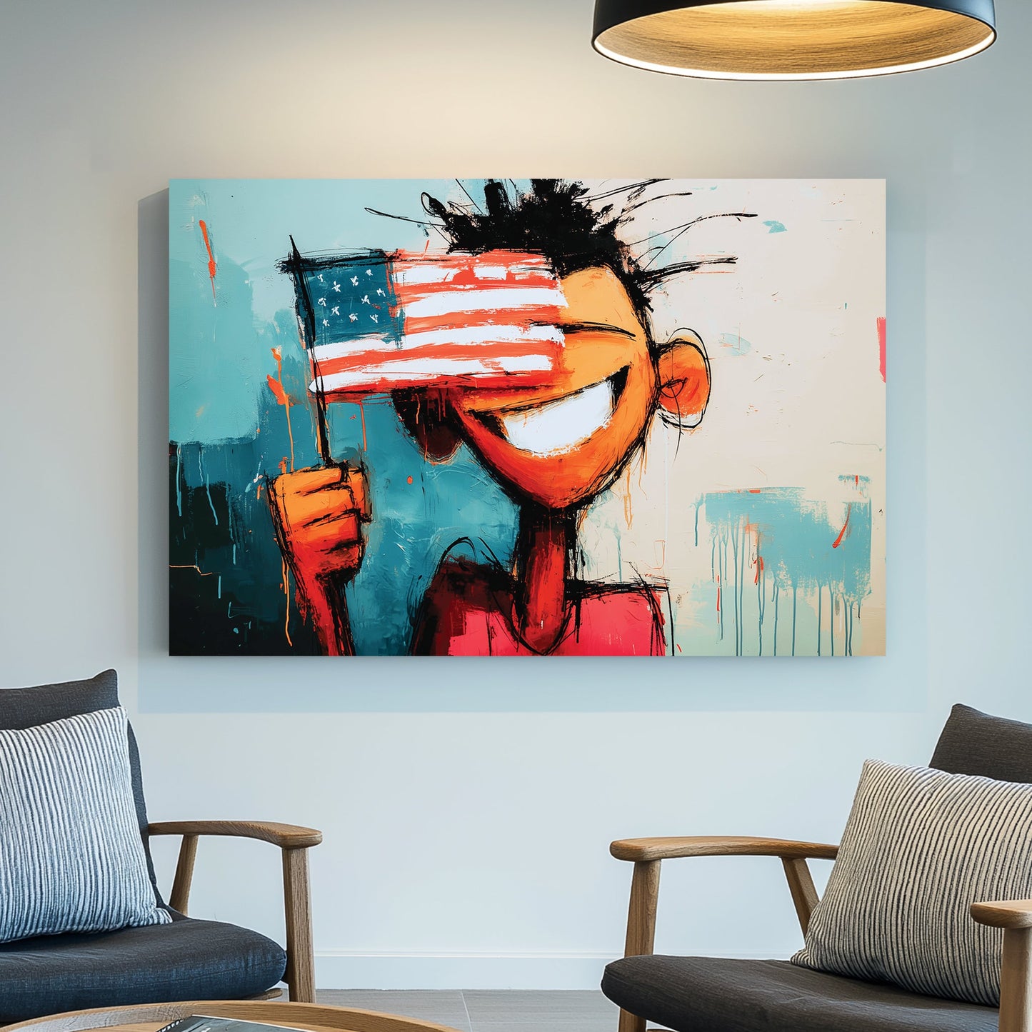 graffiti-style cartoon figure holding American flag with bold smile and abstract background