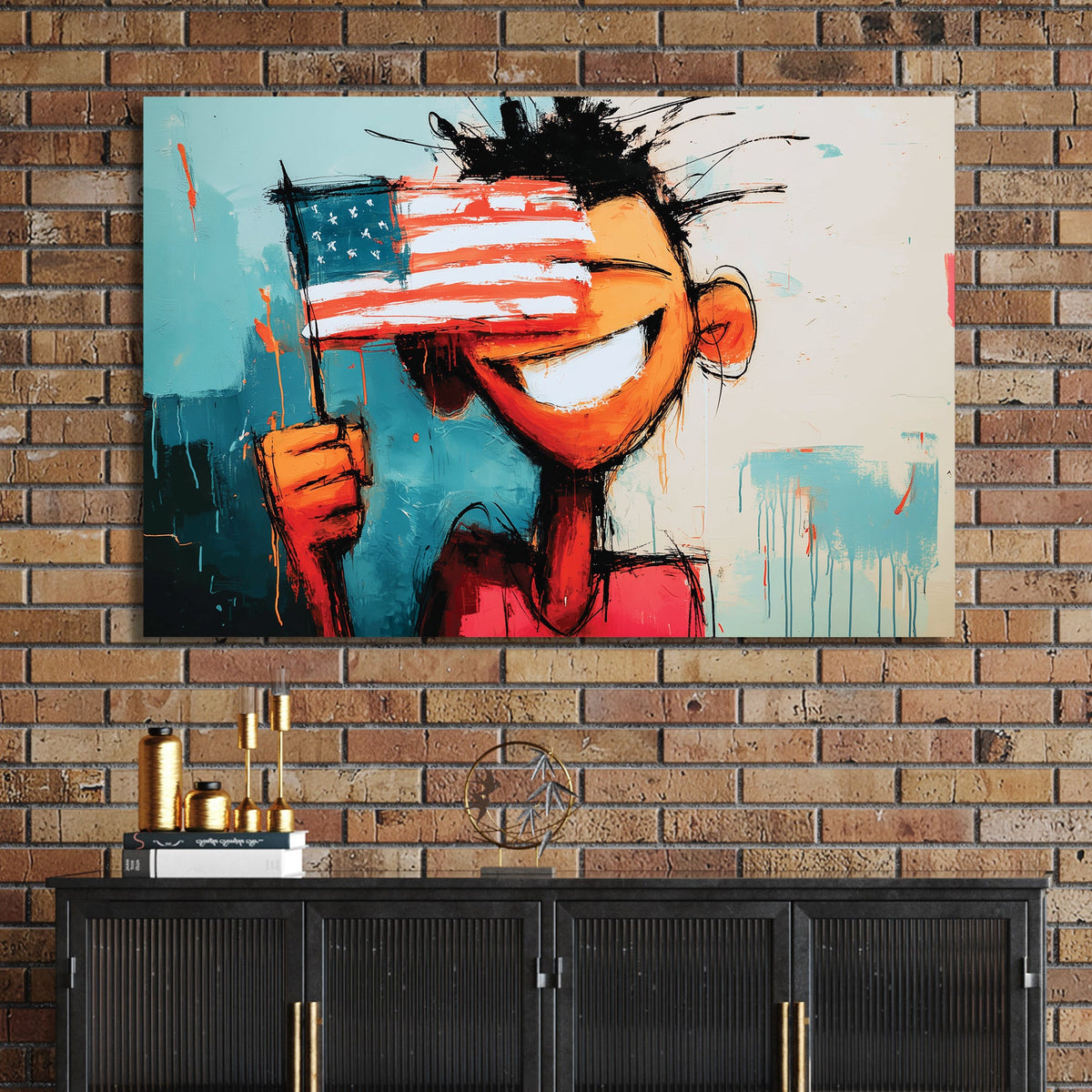 graffiti-style cartoon figure holding American flag with bold smile and abstract background