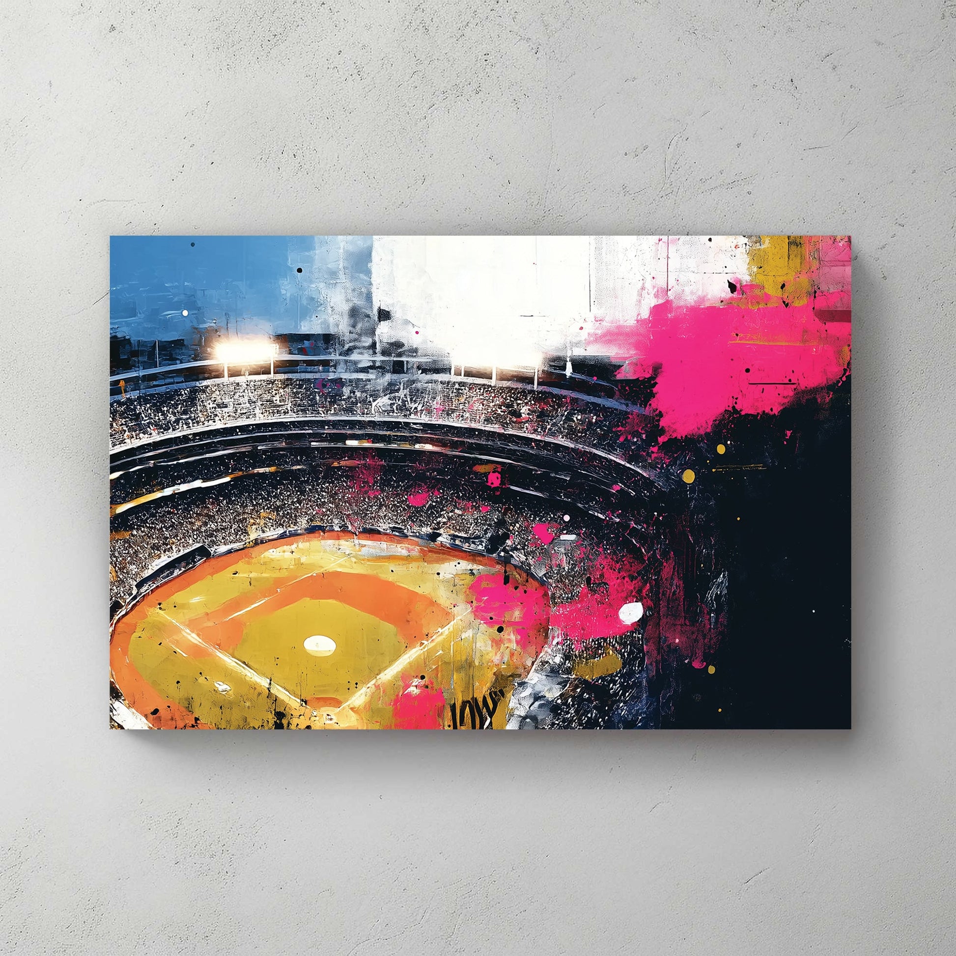 aerial view of a baseball stadium with bright graffiti textures and splashes of colour