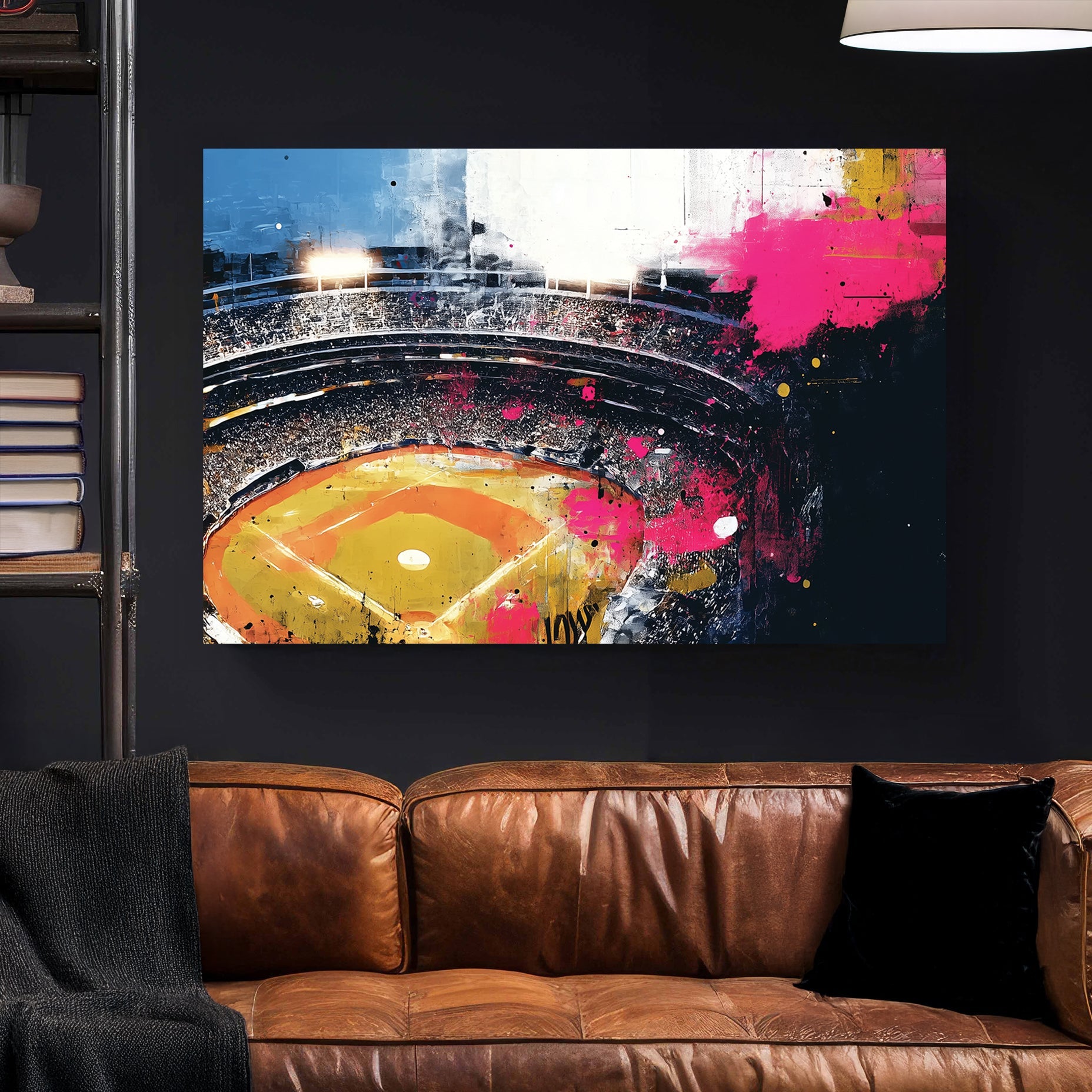 aerial view of a baseball stadium with bright graffiti textures and splashes of colour