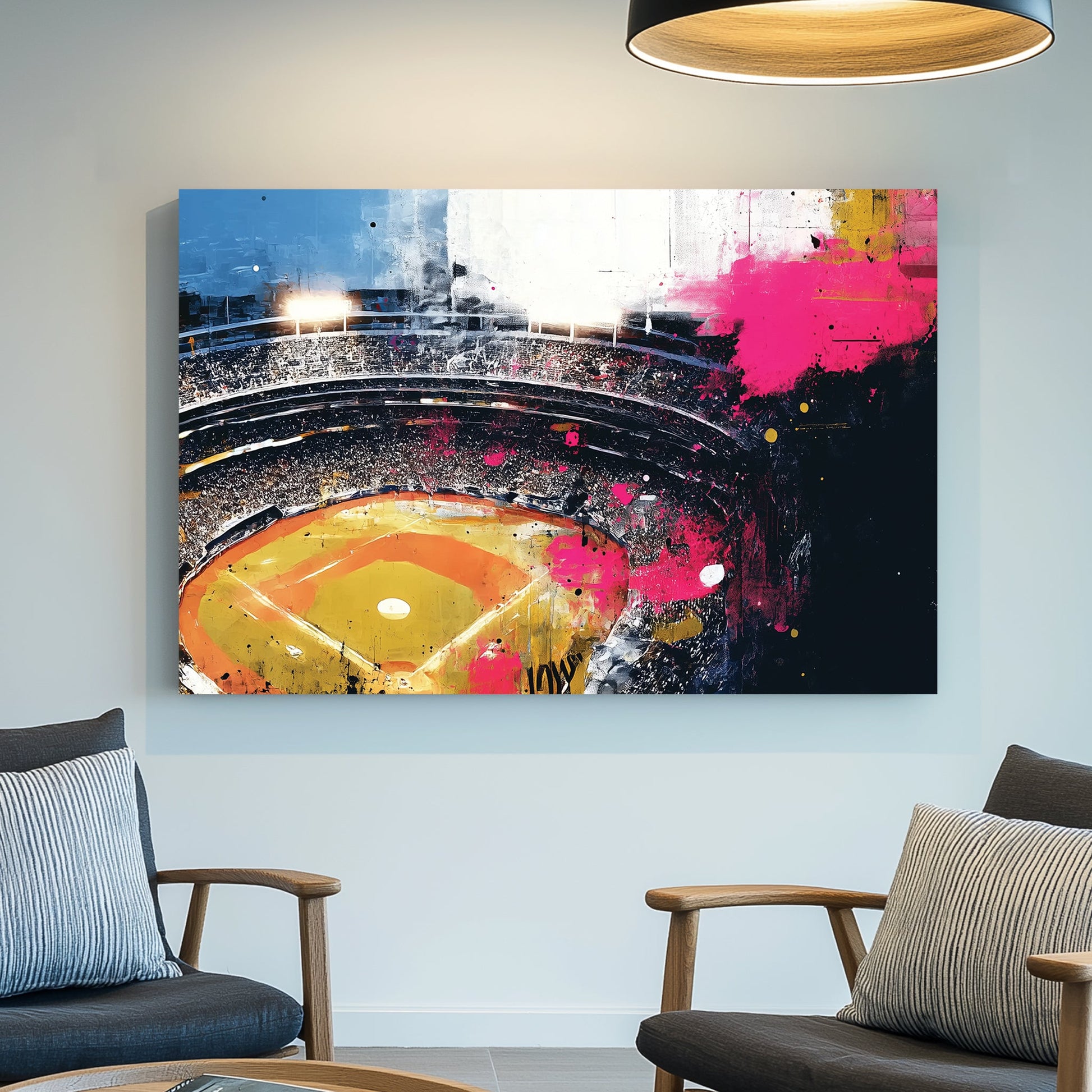 aerial view of a baseball stadium with bright graffiti textures and splashes of colour