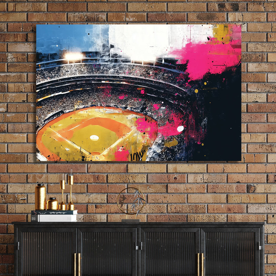 aerial view of a baseball stadium with bright graffiti textures and splashes of colour