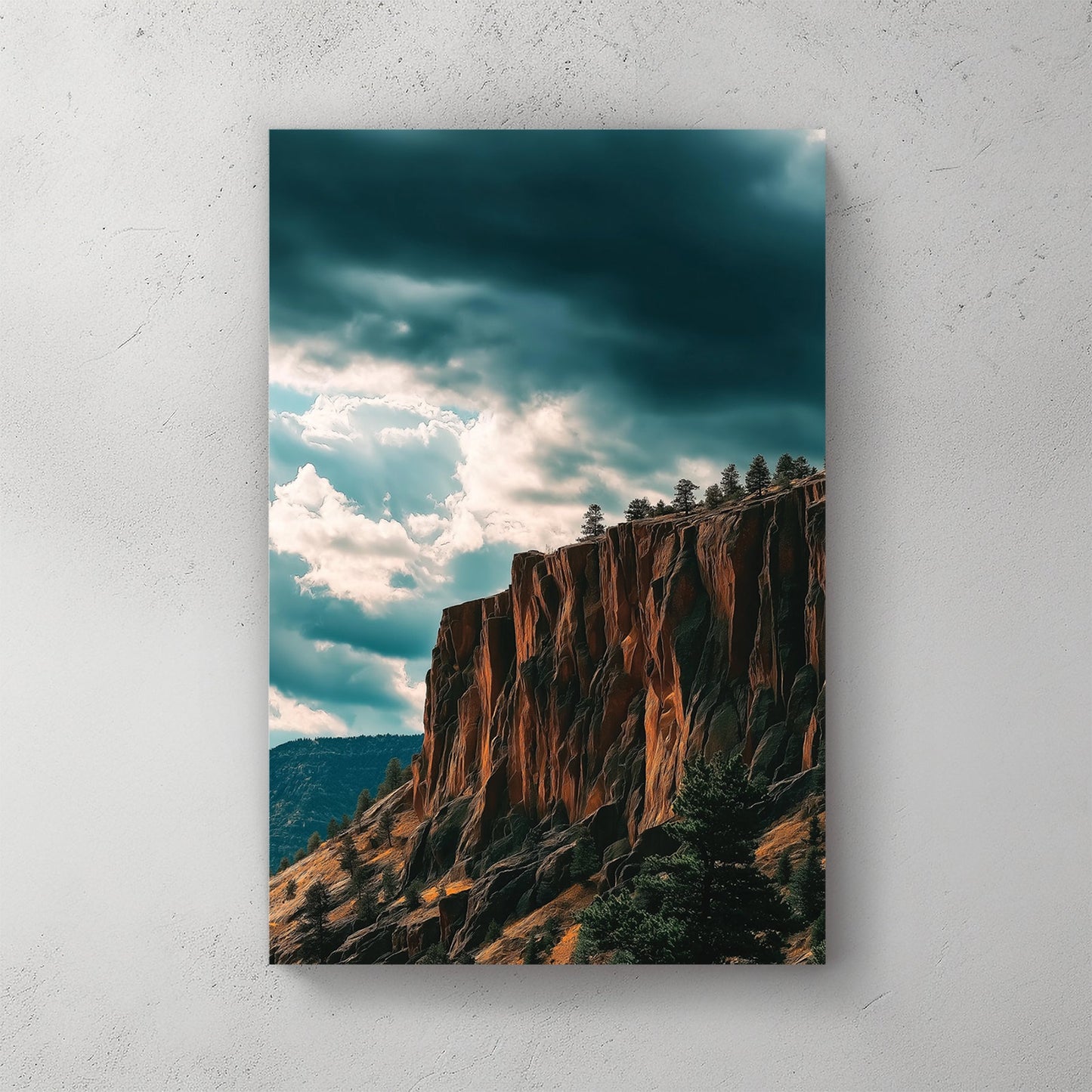 dramatic cliffside landscape with dark storm clouds and sunlit orange rock formations