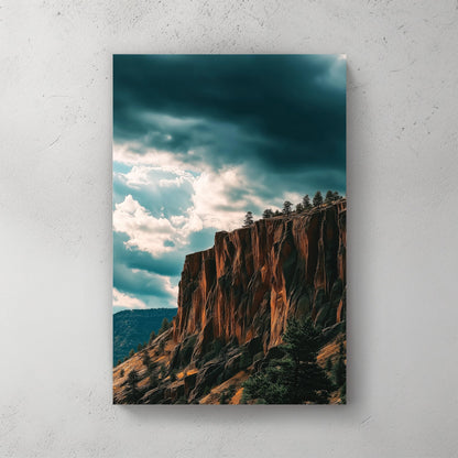dramatic cliffside landscape with dark storm clouds and sunlit orange rock formations