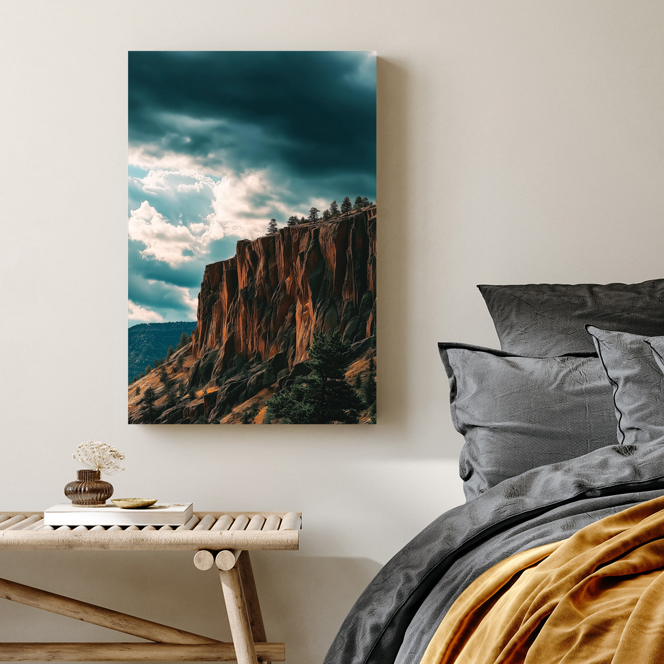 dramatic cliffside landscape with dark storm clouds and sunlit orange rock formations