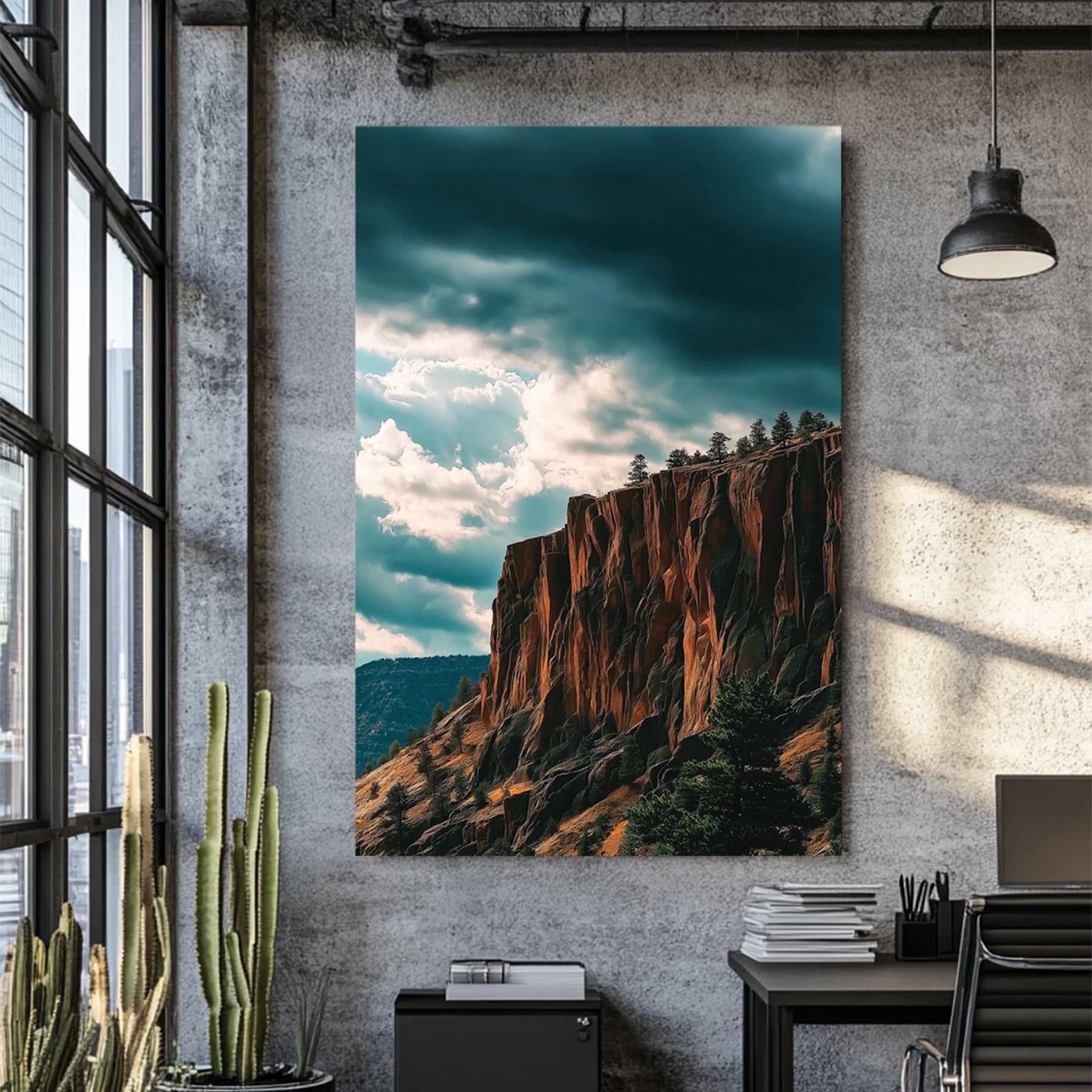 dramatic cliffside landscape with dark storm clouds and sunlit orange rock formations