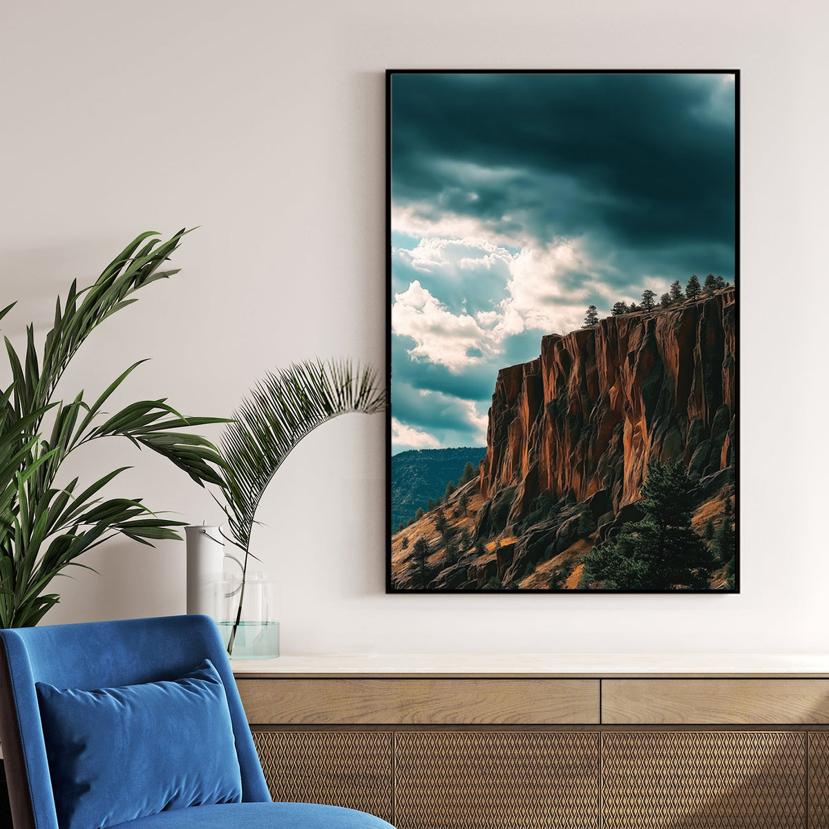 dramatic cliffside landscape with dark storm clouds and sunlit orange rock formations