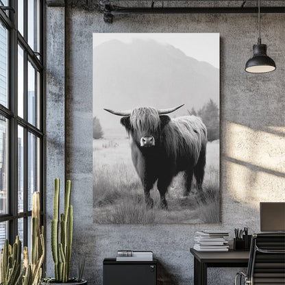 black and white highland cow photograph in front of misty mountain