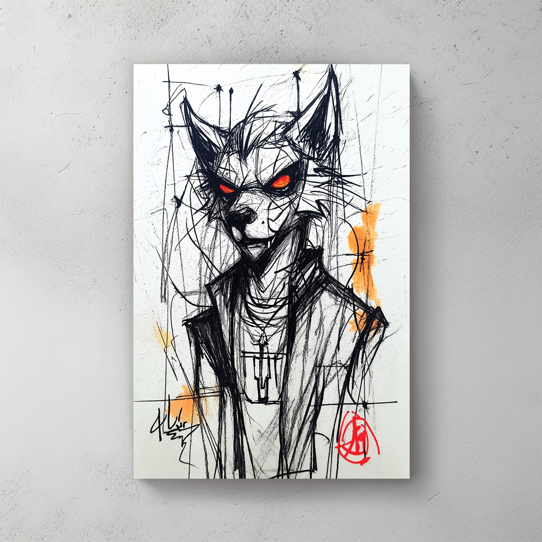 sketch of wolf character with glowing red eyes in streetwear jacket and necklace