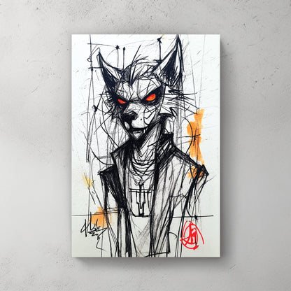sketch of wolf character with glowing red eyes in streetwear jacket and necklace