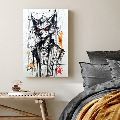 sketch of wolf character with glowing red eyes in streetwear jacket and necklace