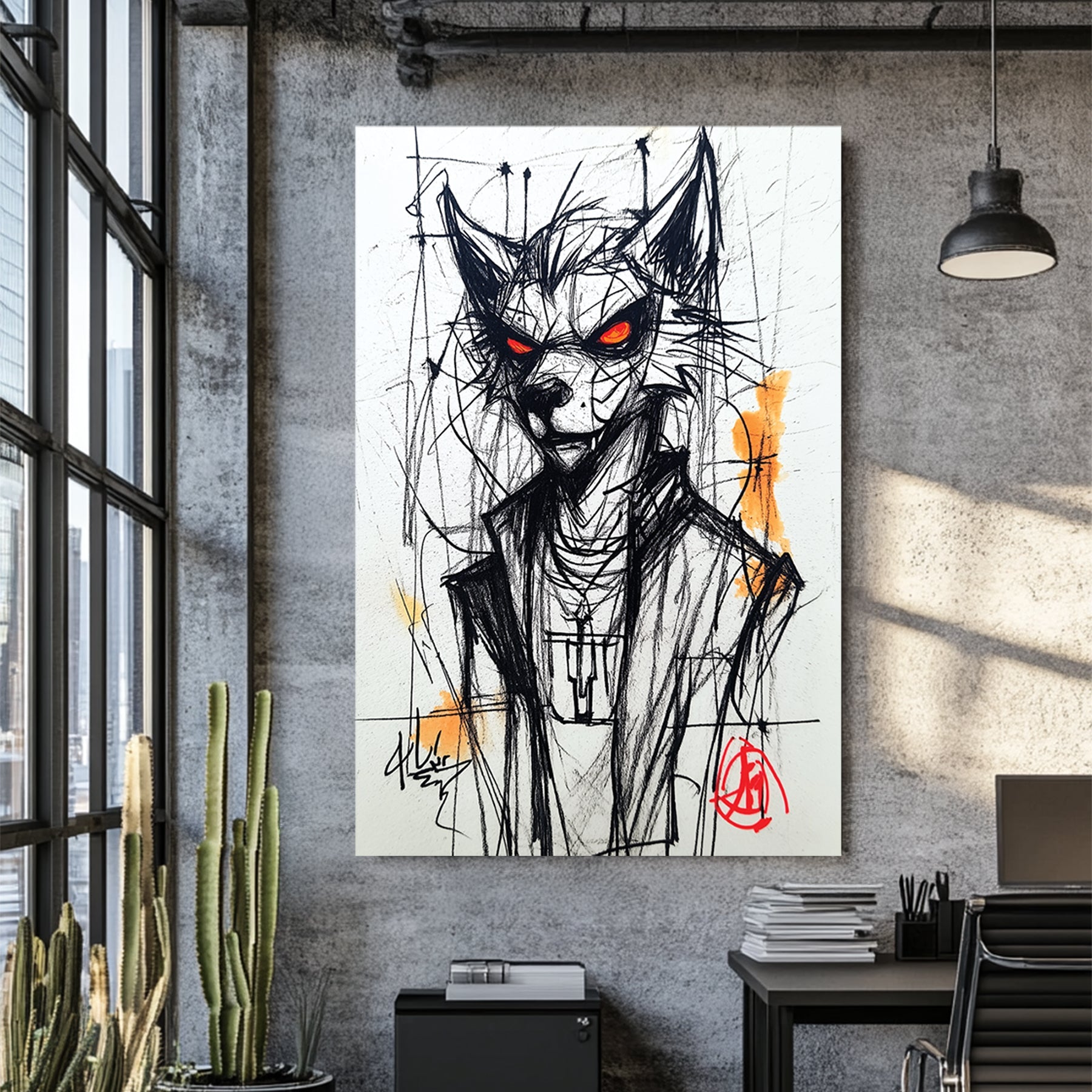 sketch of wolf character with glowing red eyes in streetwear jacket and necklace