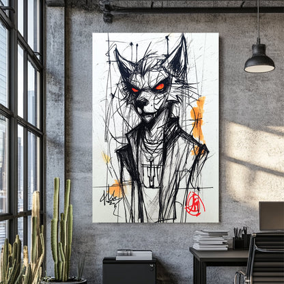 sketch of wolf character with glowing red eyes in streetwear jacket and necklace