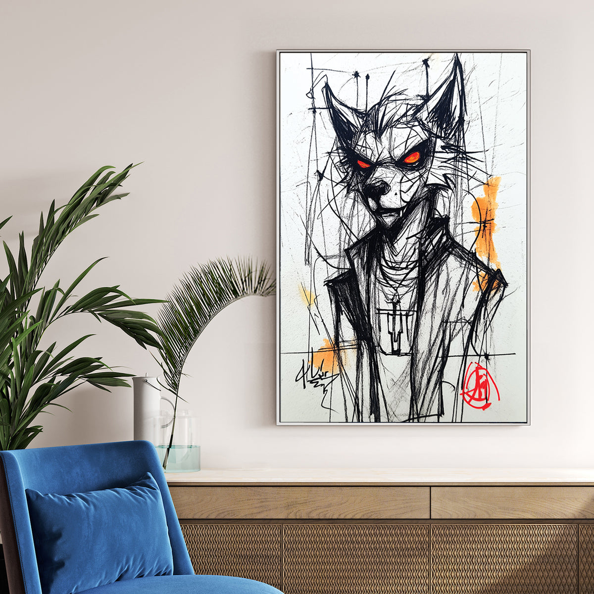 sketch of wolf character with glowing red eyes in streetwear jacket and necklace