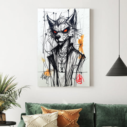 sketch of wolf character with glowing red eyes in streetwear jacket and necklace