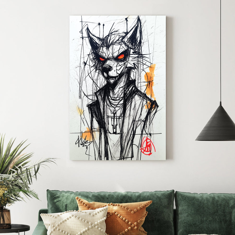 sketch of wolf character with glowing red eyes in streetwear jacket and necklace