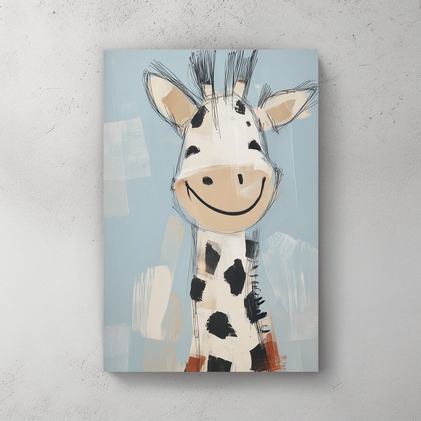 smiling cartoon giraffe illustration on blue background in playful sketchy style