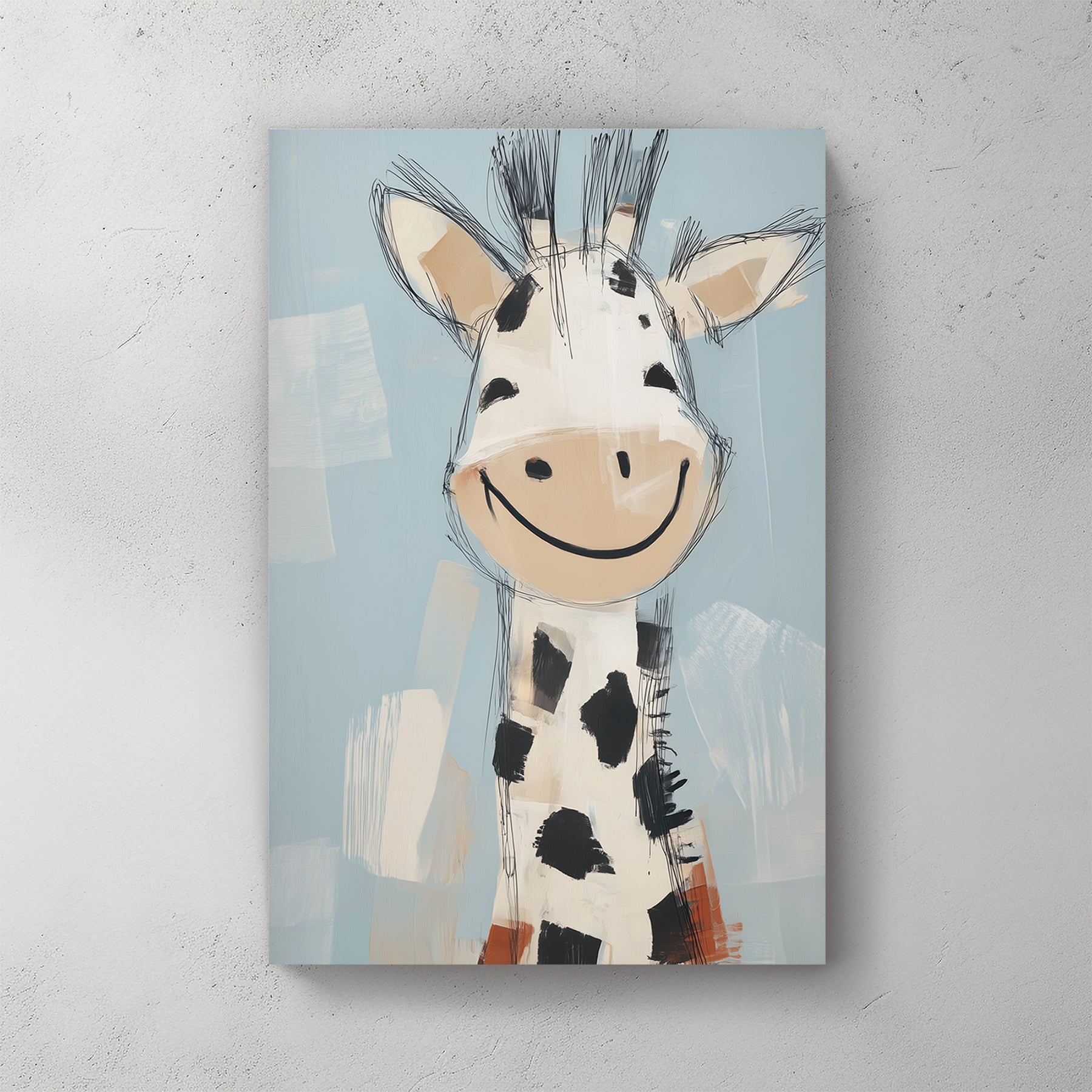 smiling cartoon giraffe illustration on blue background in playful sketchy style