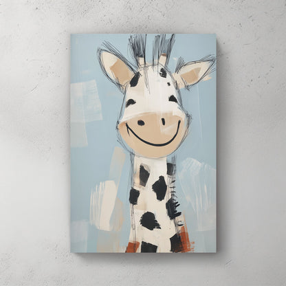smiling cartoon giraffe illustration on blue background in playful sketchy style