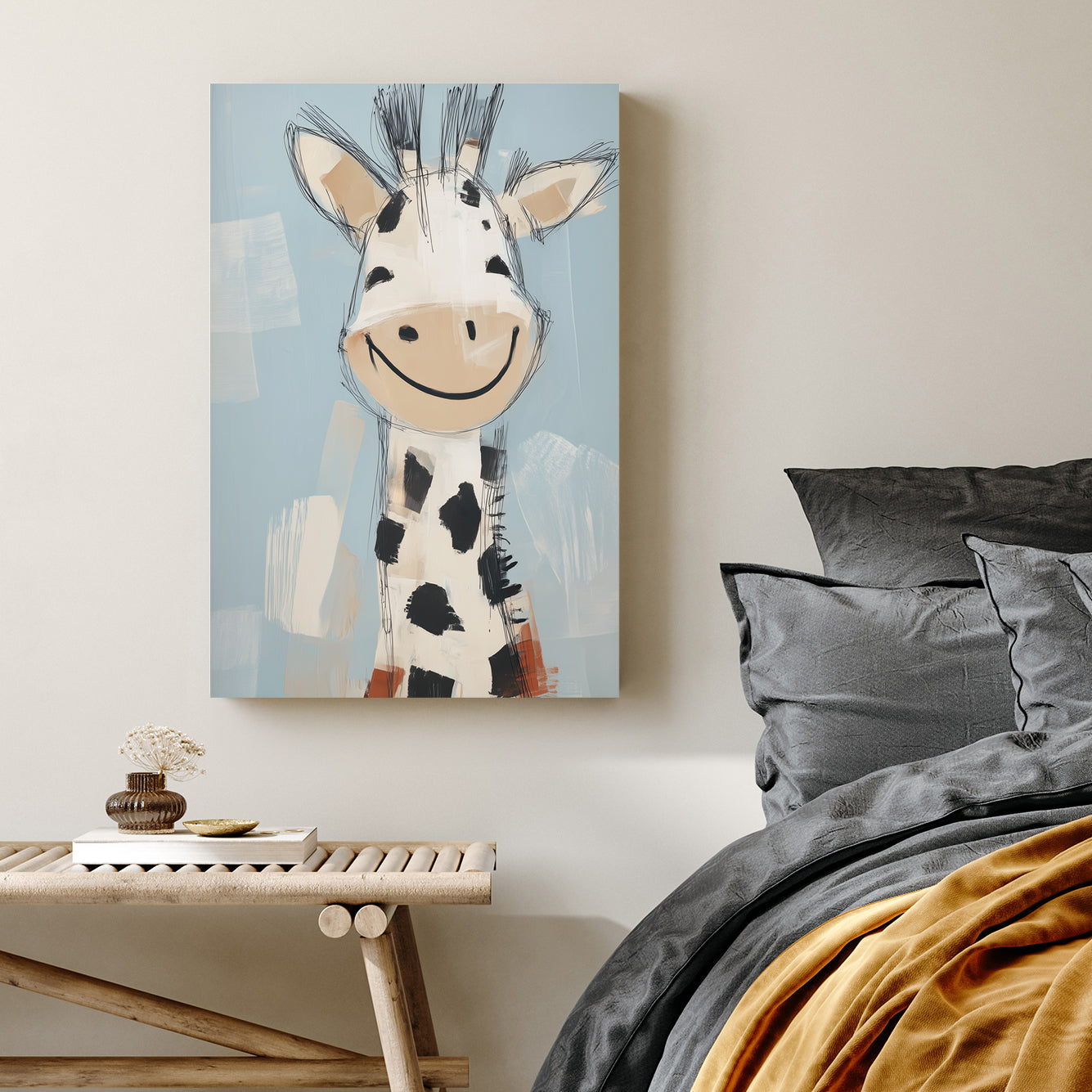 smiling cartoon giraffe illustration on blue background in playful sketchy style