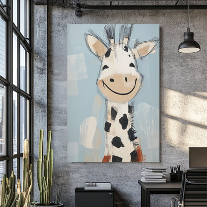 smiling cartoon giraffe illustration on blue background in playful sketchy style