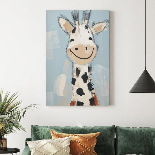 smiling cartoon giraffe illustration on blue background in playful sketchy style