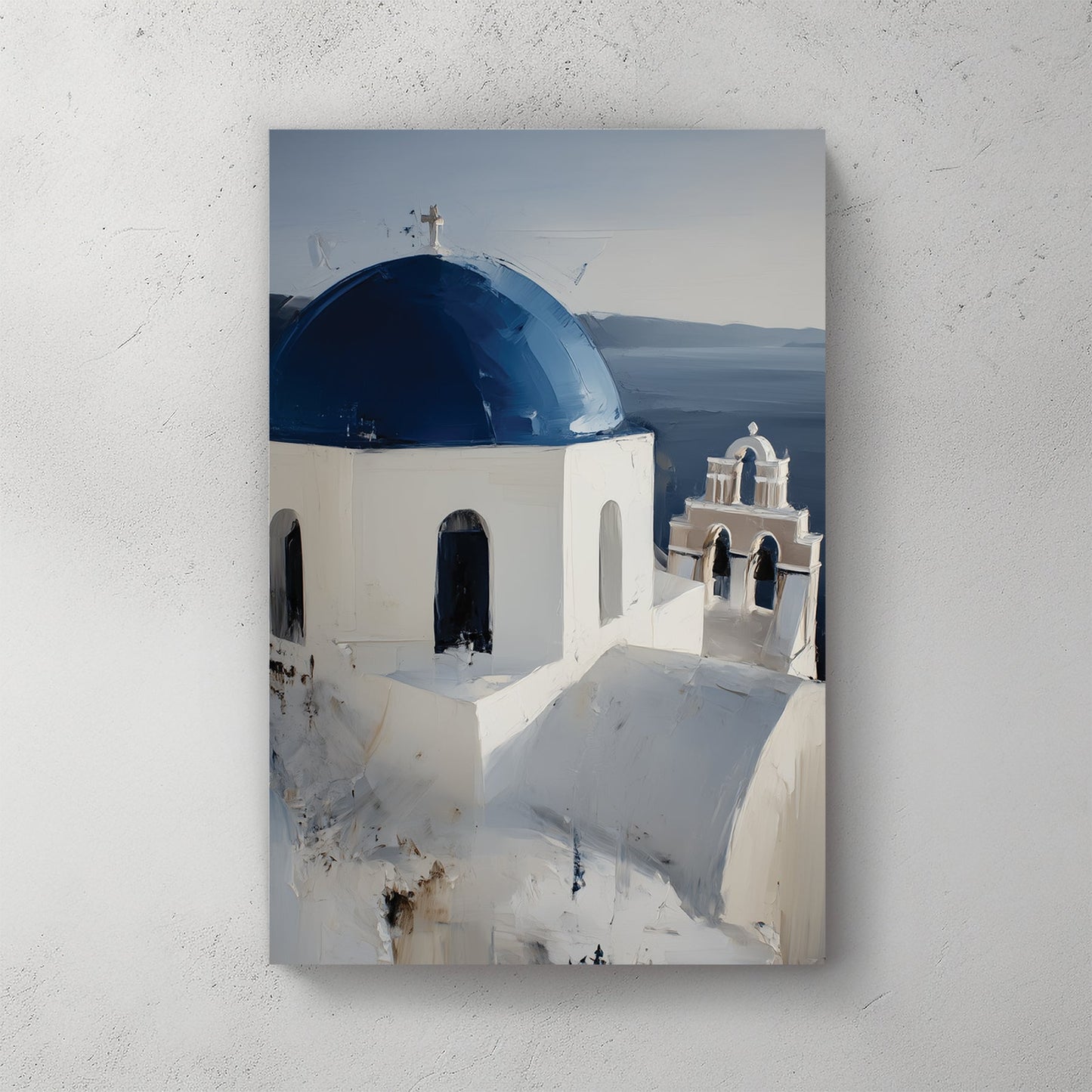 white and blue domed church in Santorini Greece painted in soft oil style