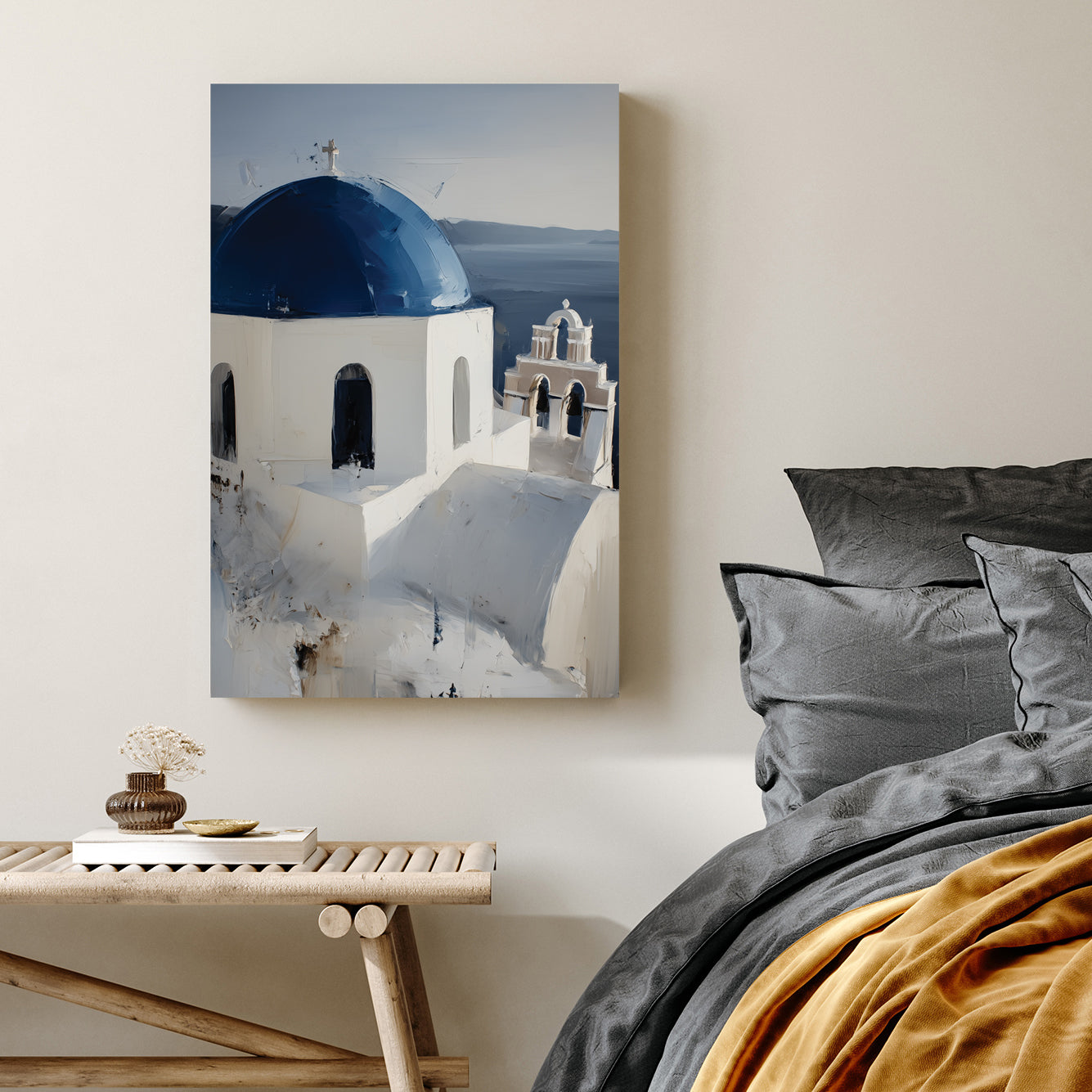 white and blue domed church in Santorini Greece painted in soft oil style