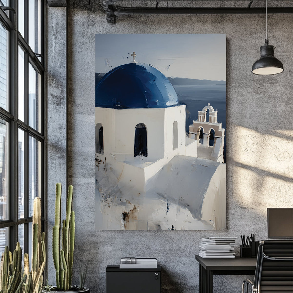 white and blue domed church in Santorini Greece painted in soft oil style