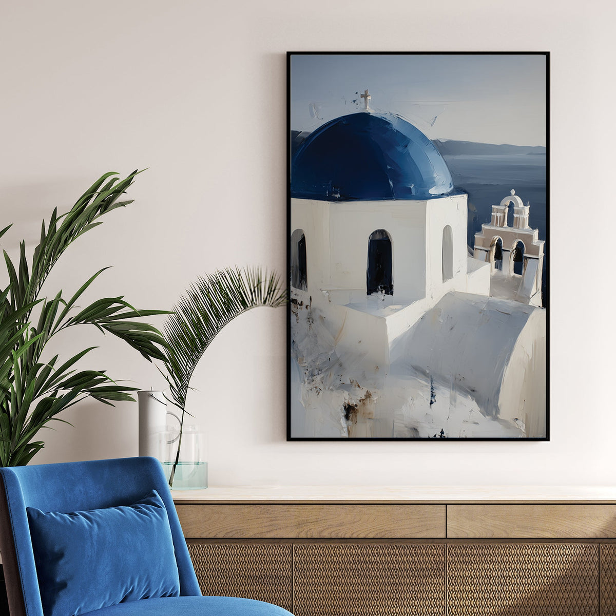 white and blue domed church in Santorini Greece painted in soft oil style