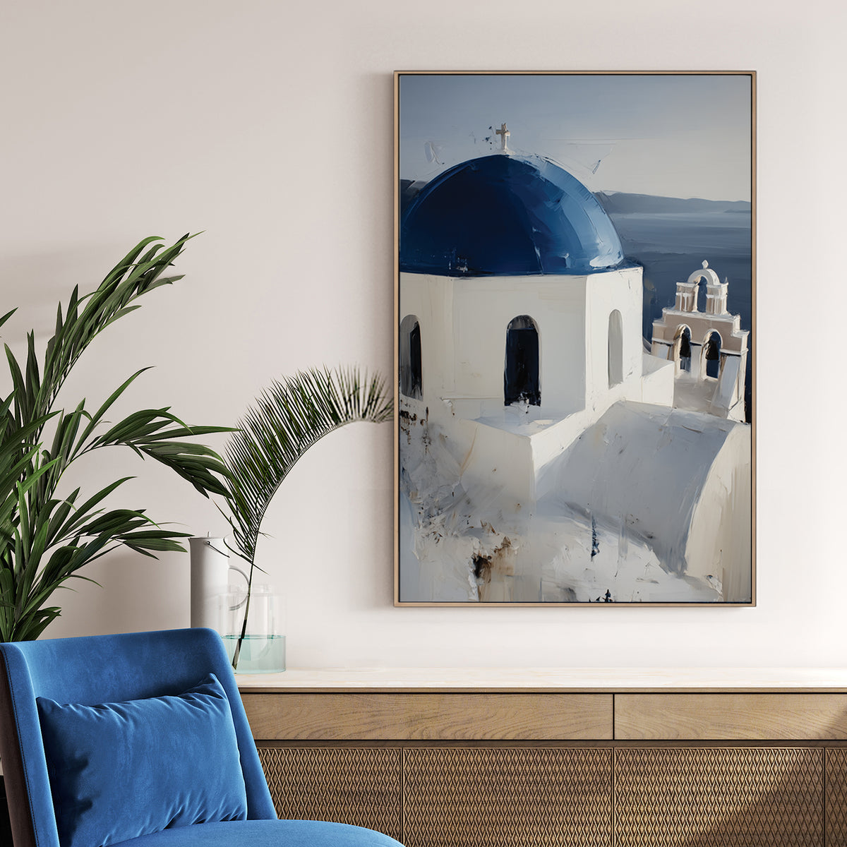 white and blue domed church in Santorini Greece painted in soft oil style