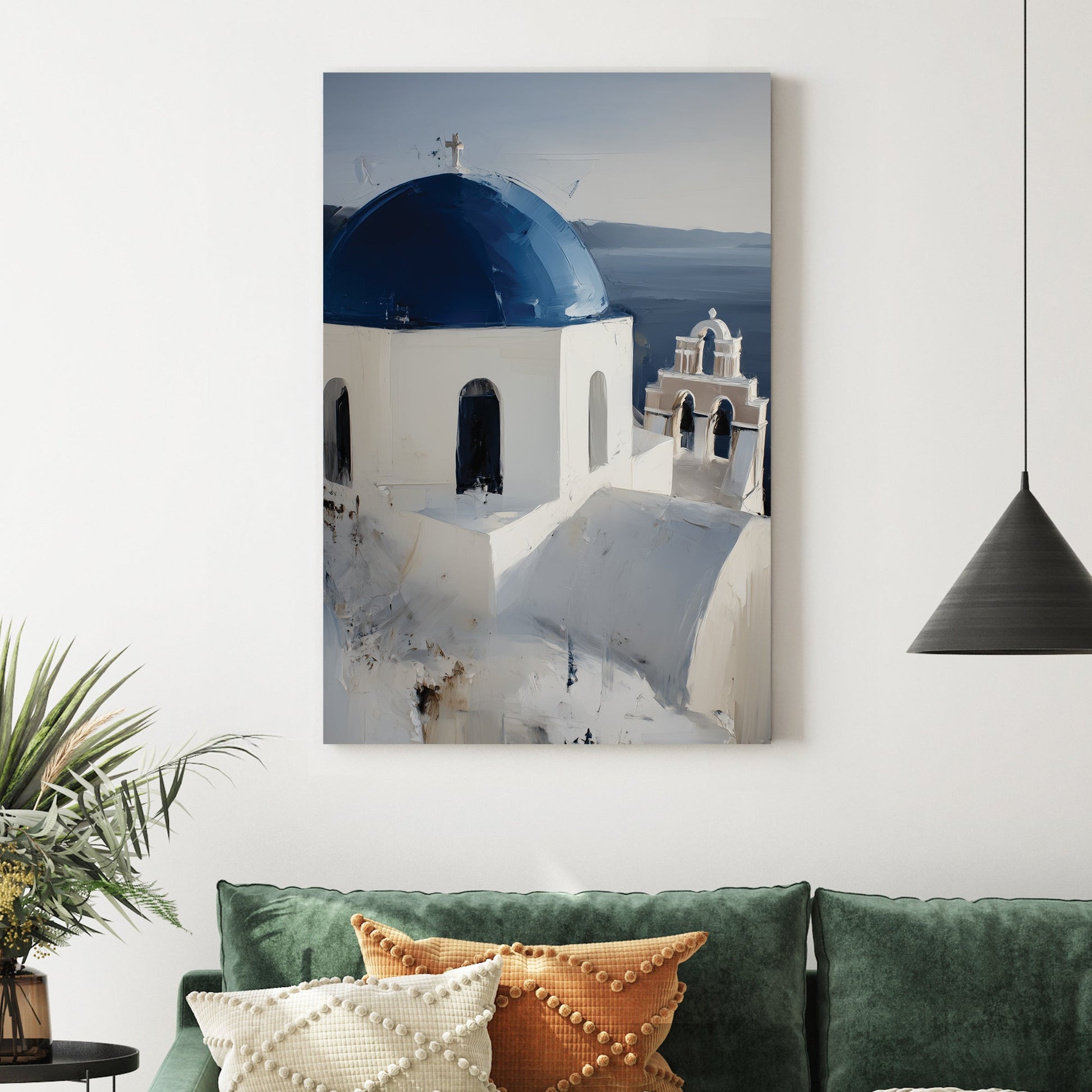 white and blue domed church in Santorini Greece painted in soft oil style