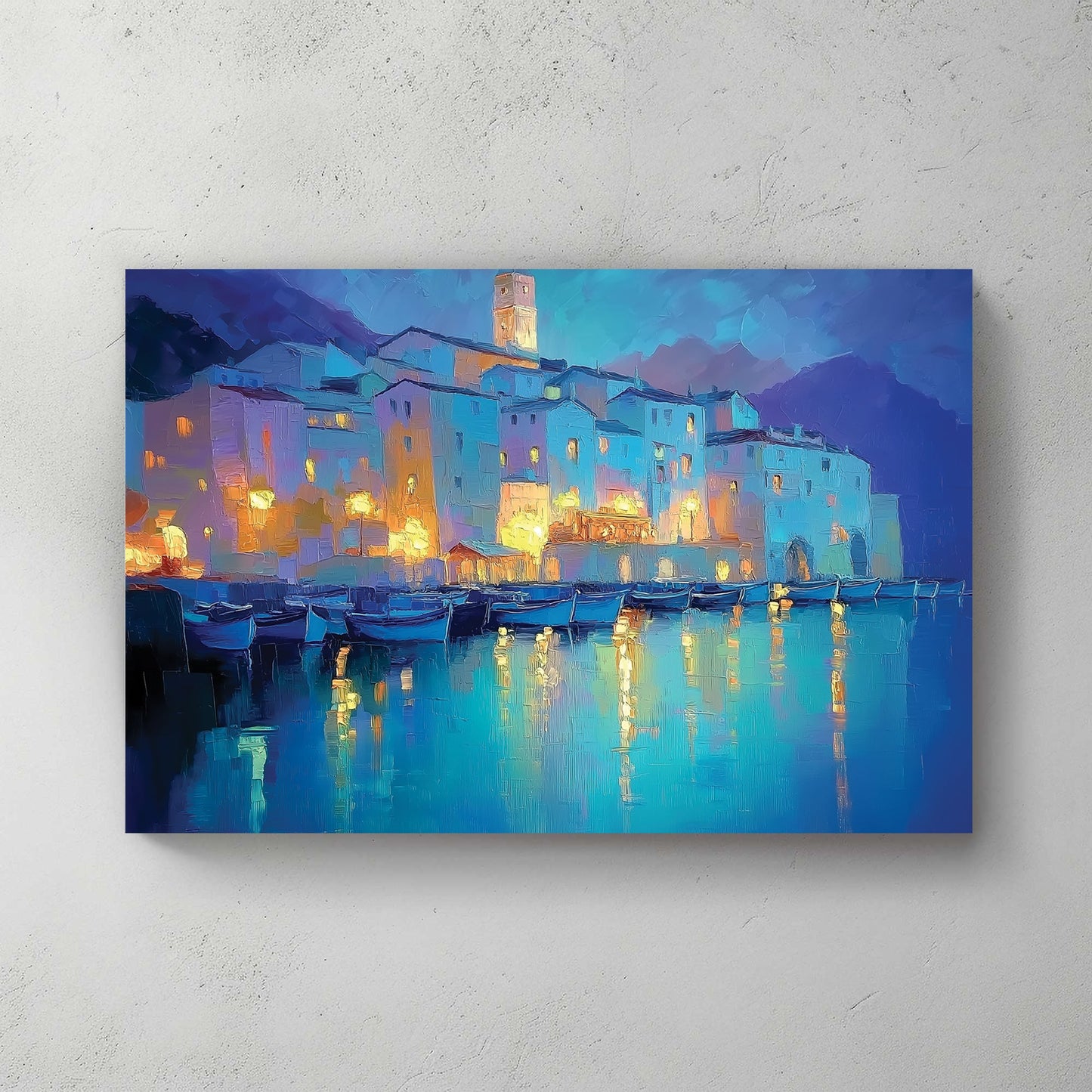 dreamy mediterranean village at night wall art with glowing reflections on water
