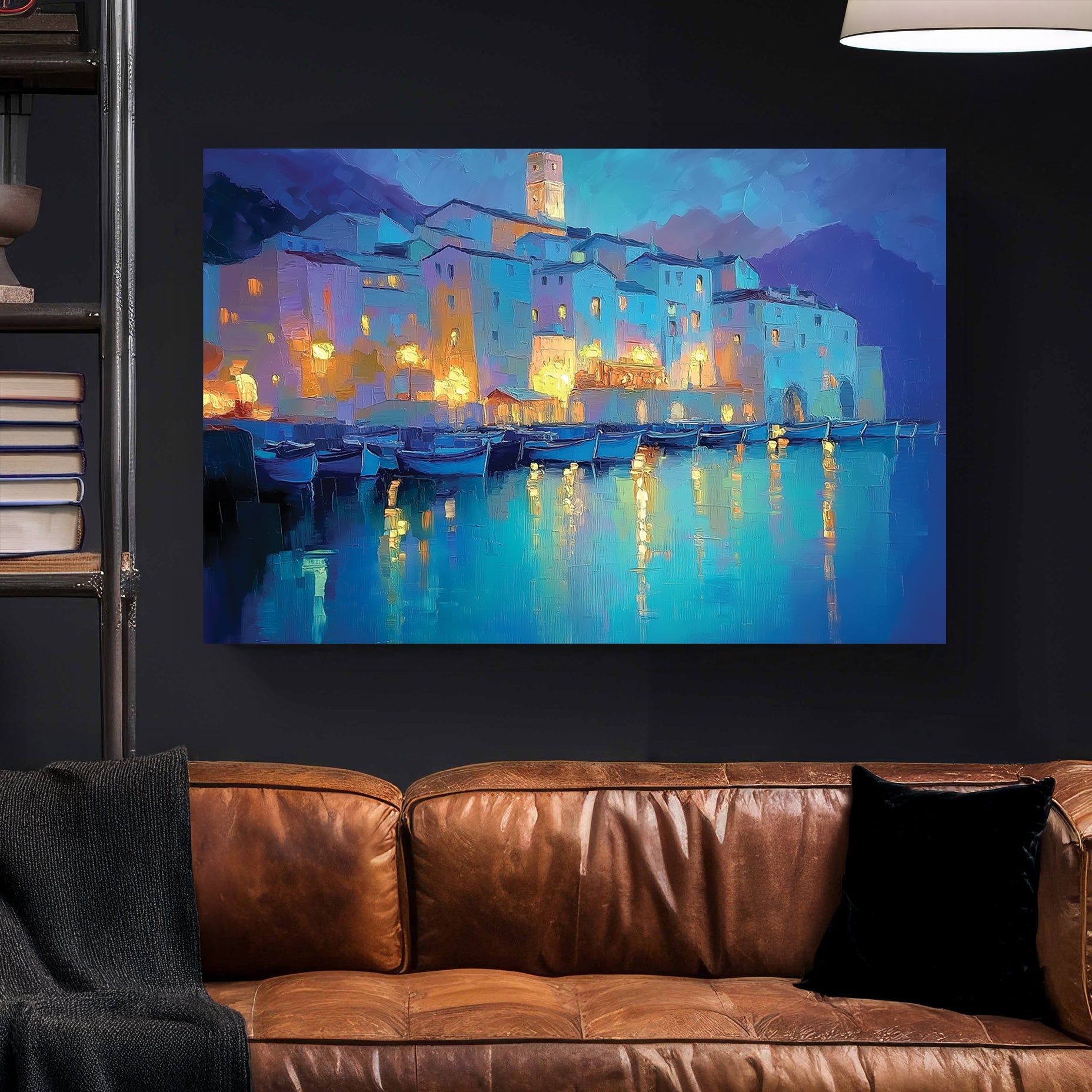 dreamy mediterranean village at night wall art with glowing reflections on water