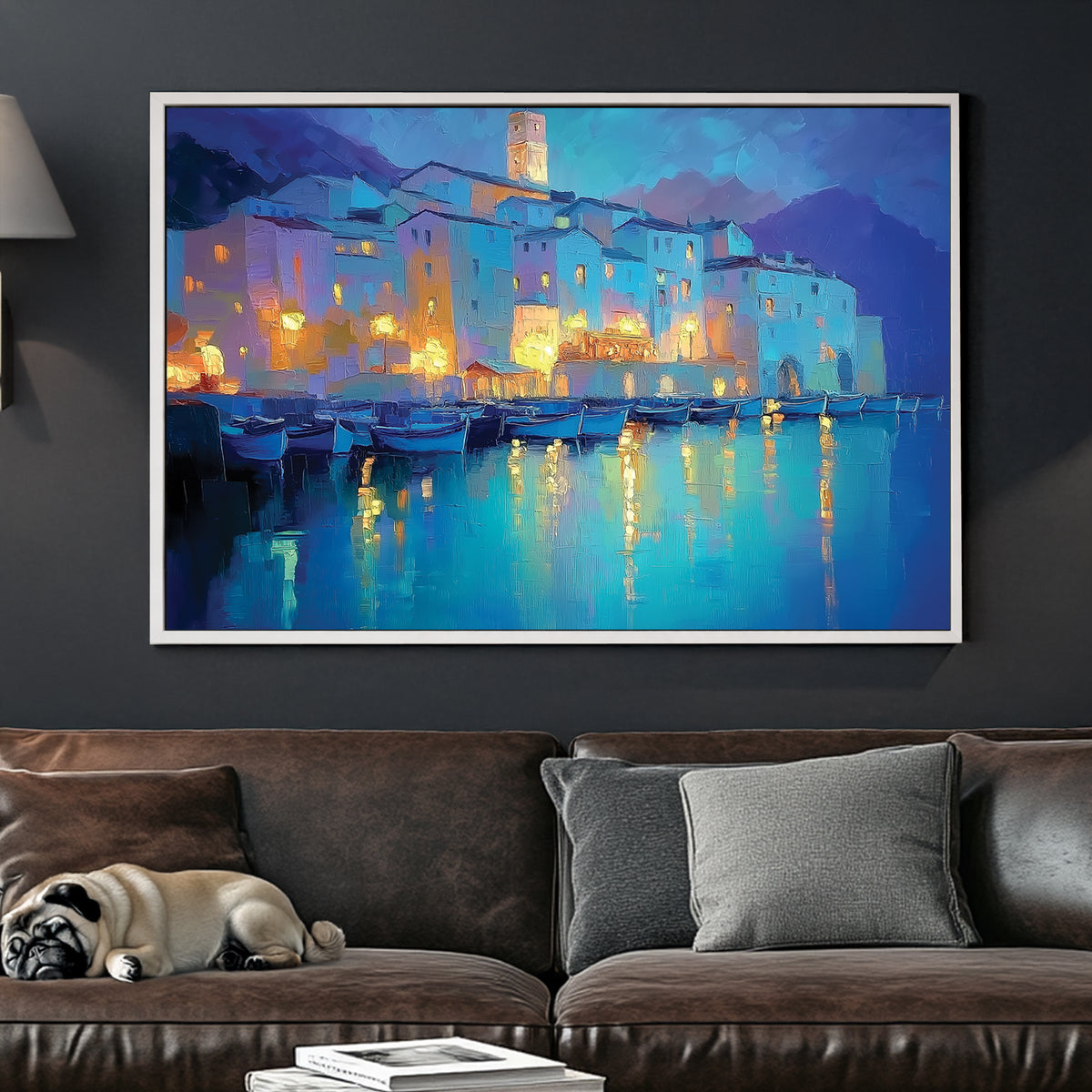 dreamy mediterranean village at night wall art with glowing reflections on water