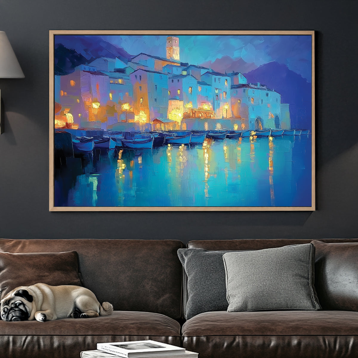 dreamy mediterranean village at night wall art with glowing reflections on water