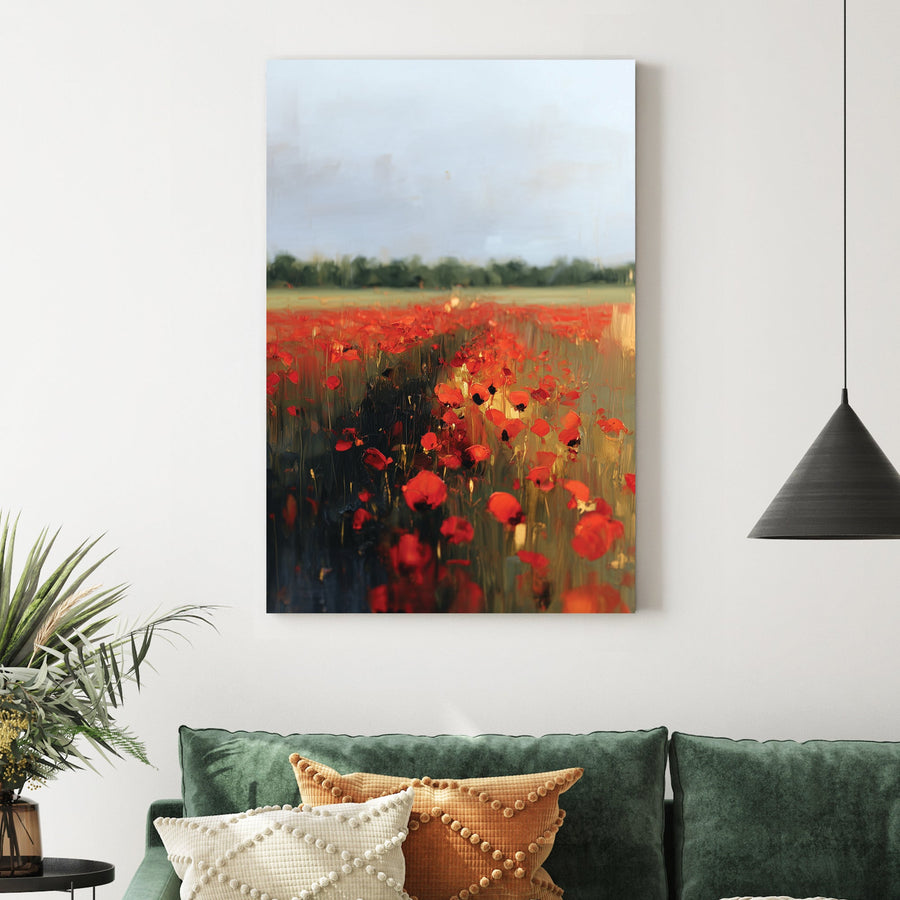 field of red poppies in bloom wall art