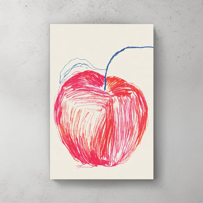hand-drawn apple sketch wall art with red and blue crayon lines