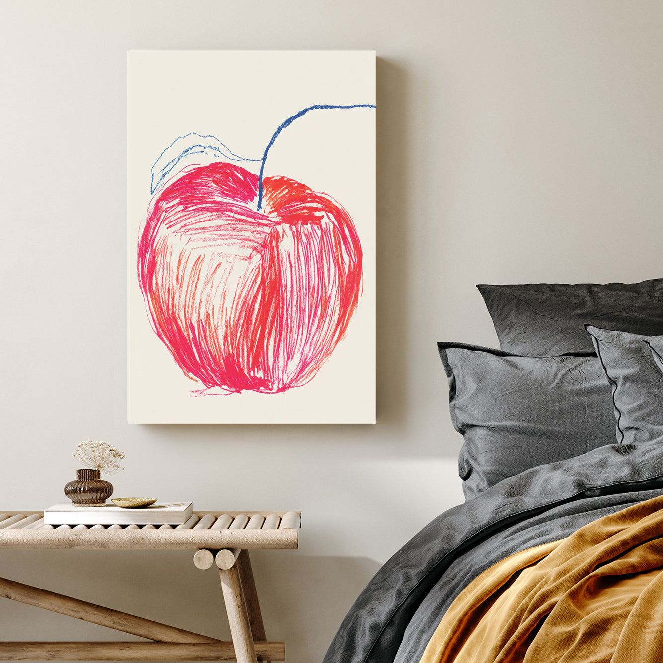 hand-drawn apple sketch wall art with red and blue crayon lines