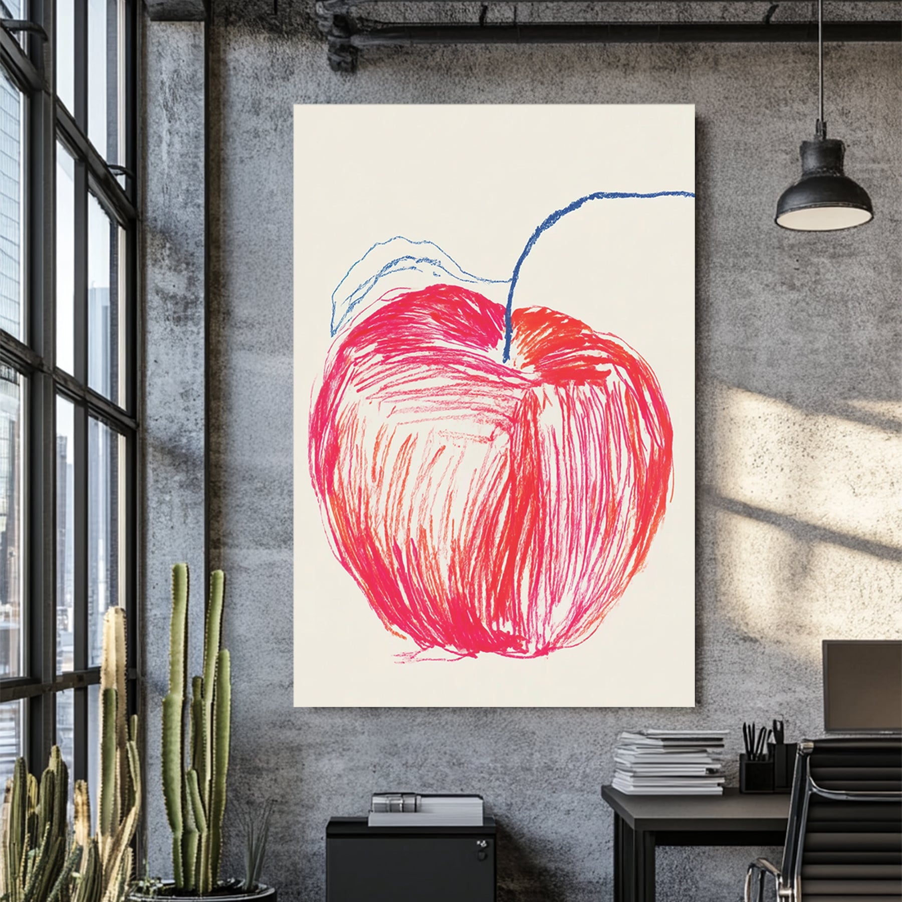 hand-drawn apple sketch wall art with red and blue crayon lines