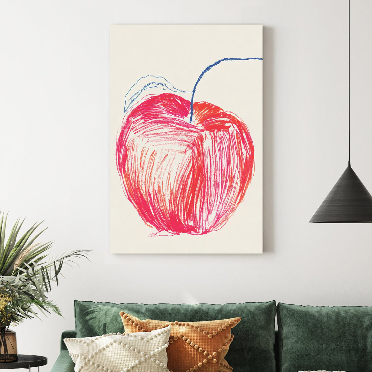 hand-drawn apple sketch wall art with red and blue crayon lines