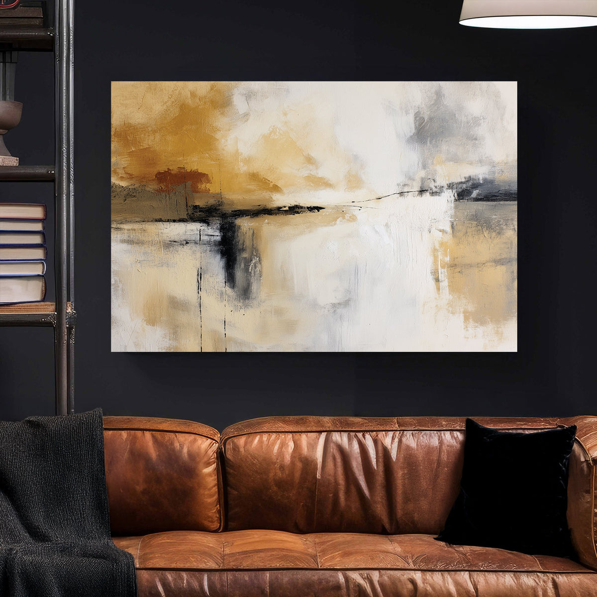 neutral abstract wall art in beige and grey with textured brushstrokes