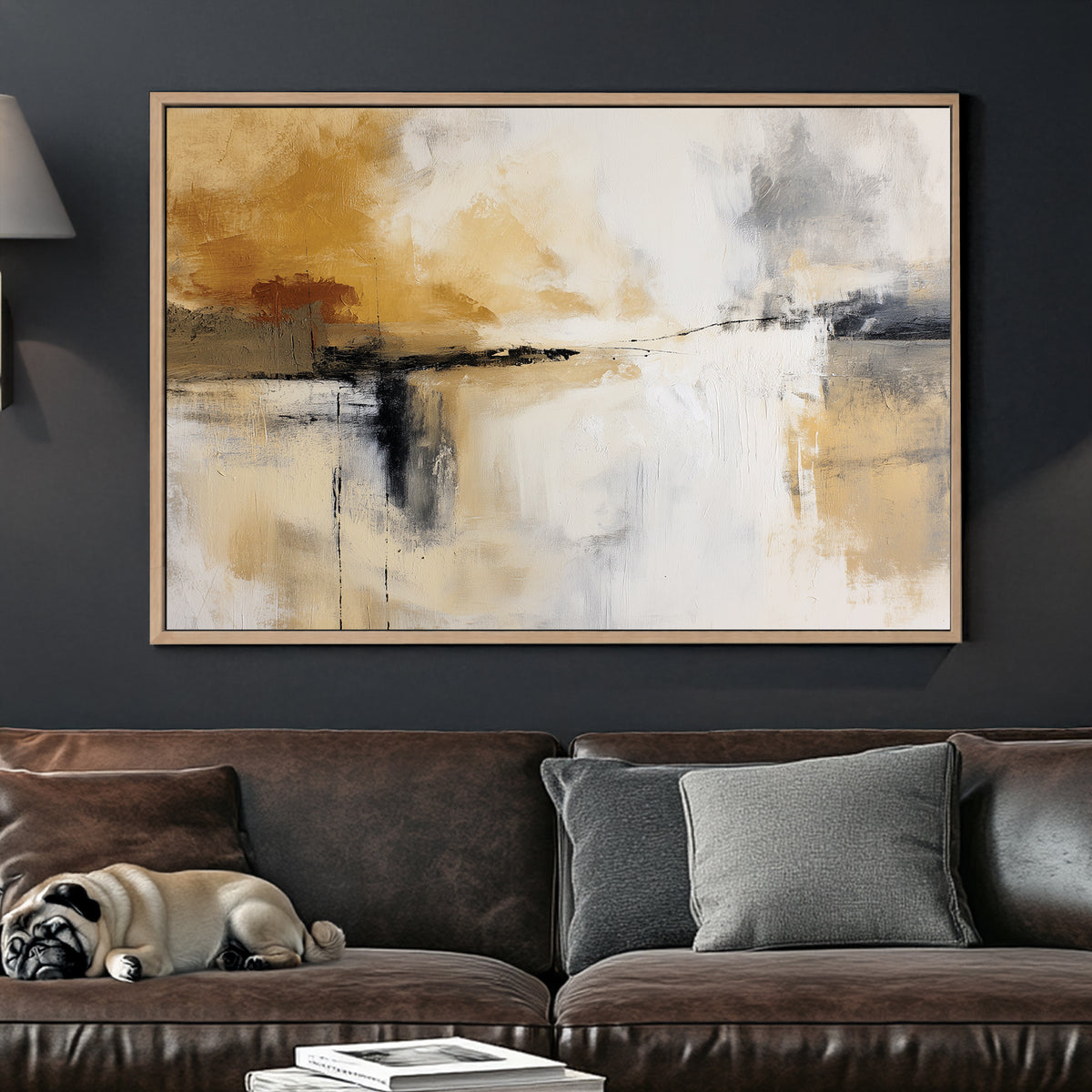 neutral abstract wall art in beige and grey with textured brushstrokes