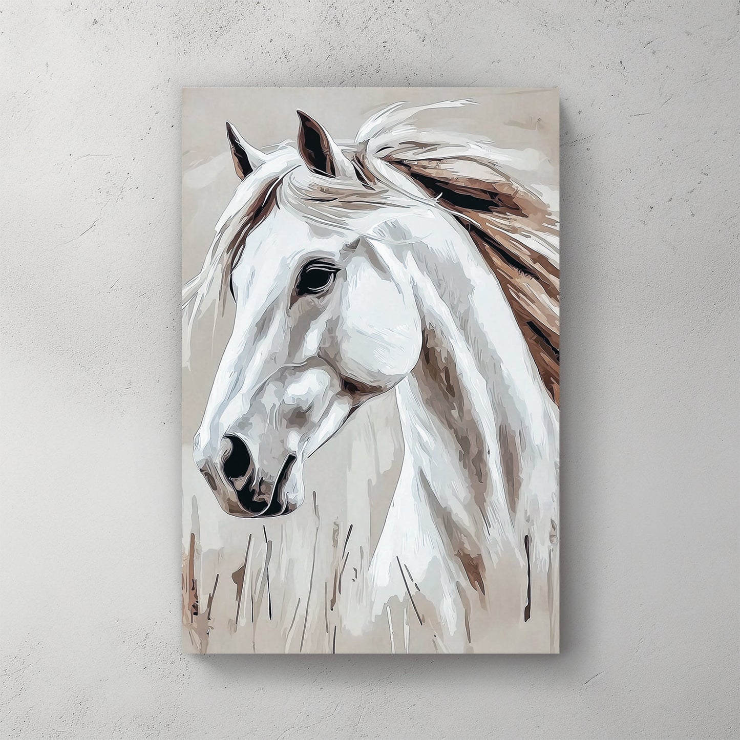 white horse wall art in minimalist neutral tones