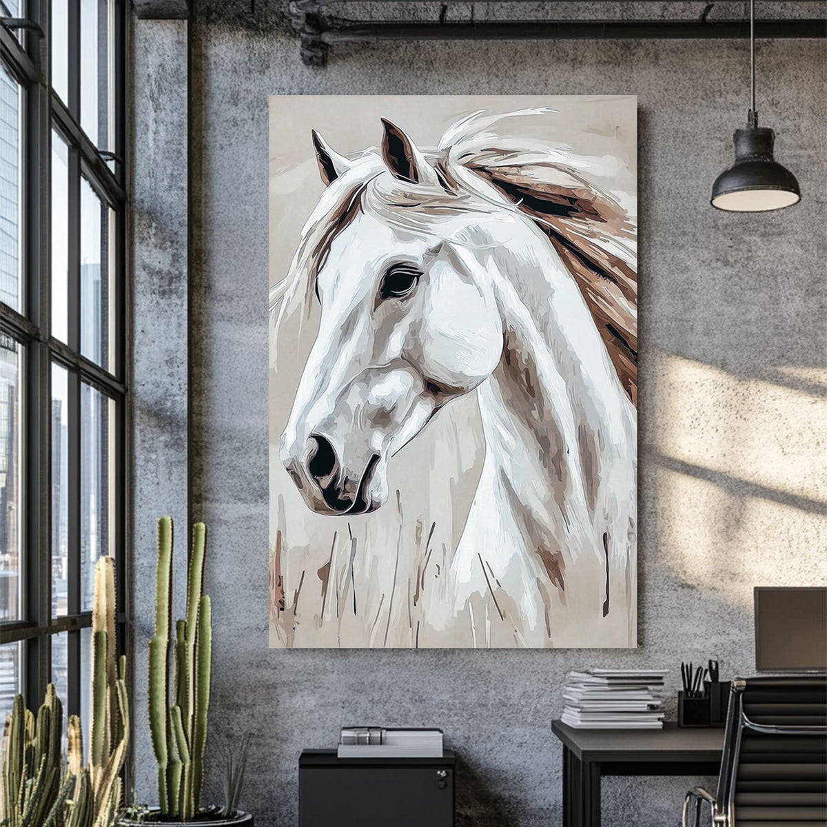 white horse wall art in minimalist neutral tones