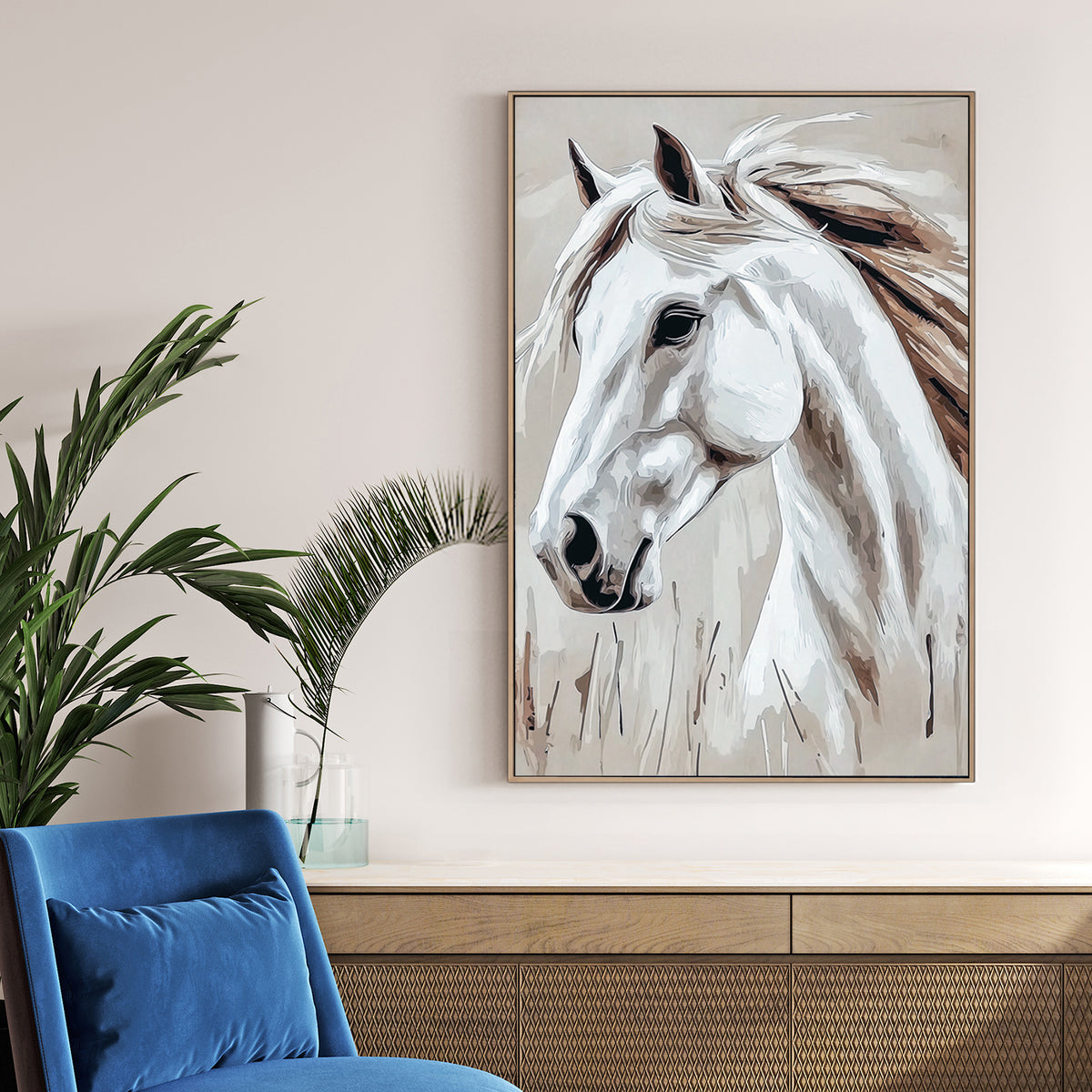 white horse wall art in minimalist neutral tones