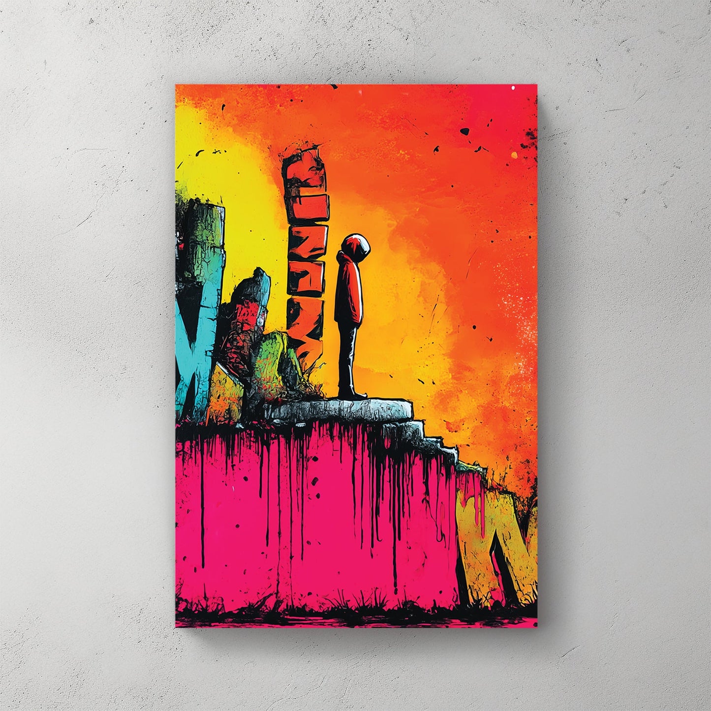 graffiti street art of hooded figure on neon background