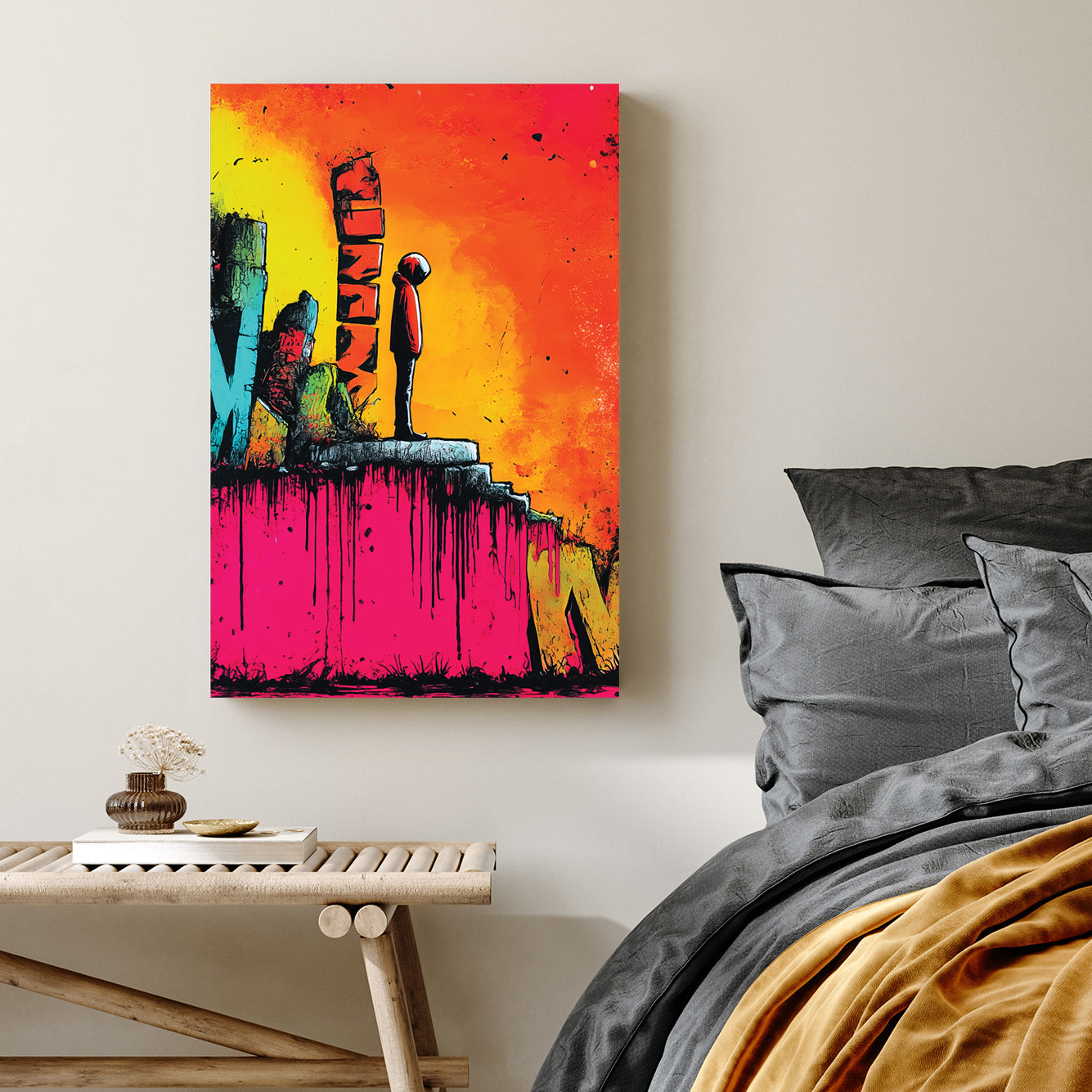 graffiti street art of hooded figure on neon background